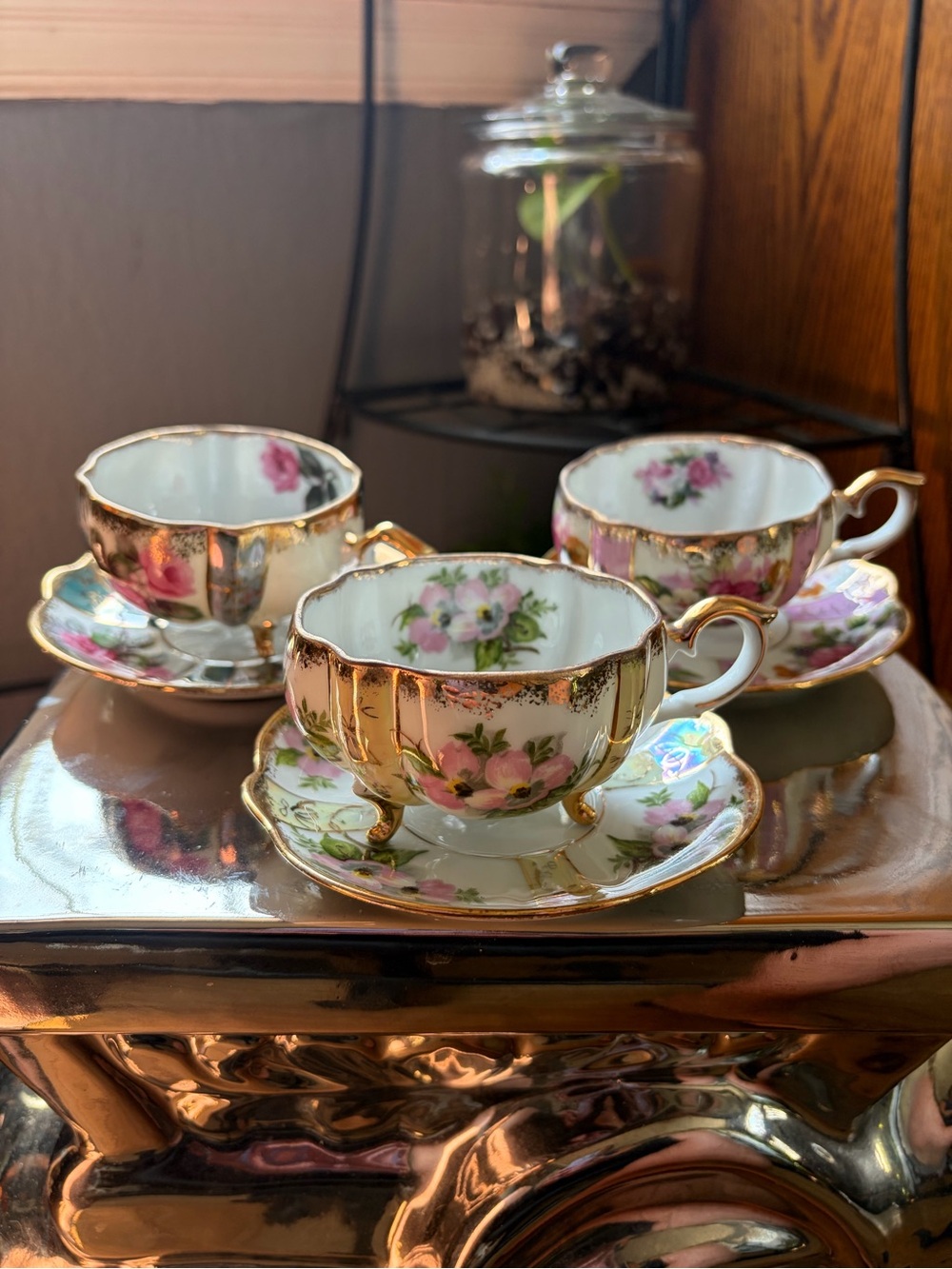 Napco Vintage Hand Painted China Teacup with Saucer- Set Of Three